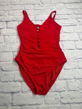 Bleu Rod Beattie Bright Red Lace-Up Womens One-Piece Swimsuit. Size 10.